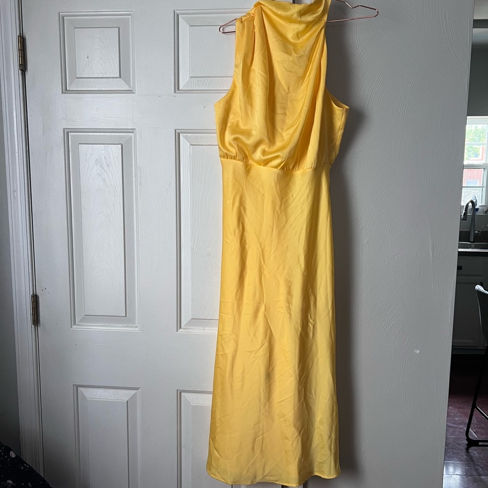 Lulus Distinctive Charm Yellow Satin Asymmetrical Midi Dress - Size M - Picture 2 of 2